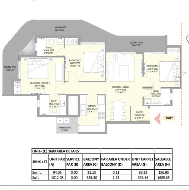 3 BHK + 3 Toilet Floor Plan